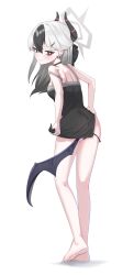 Rule 34 | 1girl, absurdres, ass, barefoot, black dress, black hair, black horns, black wings, blue archive, blush, breasts, closed mouth, demon horns, demon wings, dress, full body, grey hair, grey halo, hair between eyes, halo, highres, horns, kayoko (blue archive), kayoko (dress) (blue archive), long hair, mint cat (a huu), multicolored hair, official alternate costume, red eyes, simple background, single wing, small breasts, smile, solo, toes, white background, wings