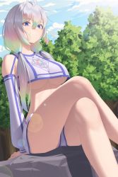 Rule 34 | 1girl, absurdres, ahoge, bare legs, bare shoulders, bintz, blue eyes, breasts, closed mouth, crop top, crop top overhang, crossed legs, day, detached sleeves, feet out of frame, gradient hair, grey hair, highres, large breasts, long hair, long sleeves, looking at viewer, midriff, multicolored hair, official art, original, outdoors, shirt, short shorts, shorts, sitting, smile, solo, thighs, underboob, white shirt, white shorts