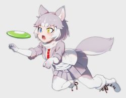 Rule 34 | 1girl, animal ear fluff, animal ears, blue eyes, boots, commentary, dog (mixed breed) (kemono friends), dog ears, dog tail, elbow gloves, fangs, frisbee, fur trim, gloves, grey hair, harness, heterochromia, jacket, jumping, kemono friends, midair, multicolored hair, nyifu, open mouth, pantyhose, paw pose, pleated skirt, scarf, short hair, short sleeves, skirt, solo, sweater, tail, white hair, yellow eyes