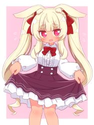 Rule 34 | 1girl, :d, alternate hairstyle, animal ear fluff, animal ears, black skirt, border, bow, bowtie, collared shirt, dark-skinned female, dark skin, etrian odyssey, flying sweatdrops, frilled shirt, frills, hair bow, highres, lifted by self, long hair, long sleeves, looking at viewer, masurao (sekaiju), masurao 2 (sekaiju), naga u, open mouth, pink background, pink eyes, rabbit ears, rabbit girl, red bow, red bowtie, sekaiju no meikyuu, sekaiju no meikyuu 5, shirt, skirt, skirt hold, smile, solo, thick eyebrows, twintails, white border, white shirt
