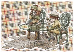 Rule 34 | 1boy, 1girl, binoculars, book, boots, brown hair, cross-laced footwear, cup, deck chair, drinking straw, enola (ebanataw), lace-up boots, original, outline, plaid, plaid background, saucer, sunglasses, table, tiles