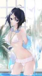 Rule 34 | 1girl, absurdres, ahoge, arknights, bare shoulders, bikini, black hair, blue eyes, blue jacket, breasts, cowboy shot, goggles, goggles on head, hair ornament, hairclip, highres, jacket, konota ko, la pluma (arknights), la pluma (summer flowers) (arknights), looking at viewer, medium breasts, navel, off shoulder, official alternate costume, open clothes, open jacket, short hair, solo, standing, stomach, swimsuit, thighs, wading, water, white bikini