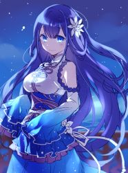 Rule 34 | 10s, 1girl, bare shoulders, blue eyes, blue hair, blue theme, blush, breasts, chinese clothes, cowboy shot, detached sleeves, flower, frills, hair flower, hair ornament, hijiri (resetter), large breasts, long hair, looking at viewer, matching hair/eyes, merc storia, night, night sky, railing, ryunrii, sash, sky, sleeves past wrists, smile, solo, star (sky), starry sky, underbust, very long hair, water