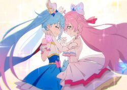 Rule 34 | 2girls, blue bow, blue hair, blue skirt, bow, braid, closed eyes, closed mouth, cowboy shot, cure prism, cure sky, dress, earrings, elbow gloves, facing another, fingerless gloves, frilled skirt, frills, from side, gloves, green eyes, grin, hair bow, hair ornament, highres, hirogaru sky! precure, holding hands, jewelry, long hair, looking at another, magical girl, multiple girls, nijigaoka mashiro, pink bow, pink hair, precure, sipeiren, skirt, smile, sora harewataru, standing, twintails, waist bow, white bow, white dress, white gloves, yellow background