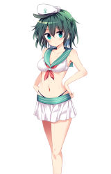Rule 34 | 1girl, adapted costume, anchor symbol, aqua eyes, bare arms, bare shoulders, bikini, bikini bottom only, blush, breasts, cleavage, collarbone, commentary request, crop top, feet out of frame, green hair, hair between eyes, hand on own hip, hat, highres, looking at viewer, maturiuta sorato, medium breasts, midriff, murasa minamitsu, navel, pleated skirt, red neckwear, sailor collar, sailor hat, short hair, simple background, skirt, solo, standing, swimsuit, touhou, white background, white skirt