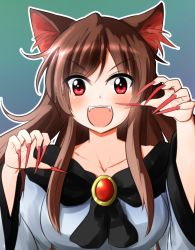 Rule 34 | 1girl, animal ears, blush, breasts, brooch, brown hair, collarbone, dress, fangs, fingernails, gradient background, highres, imaizumi kagerou, jewelry, long fingernails, long sleeves, looking at viewer, nail polish, open mouth, oshiaki, red eyes, red nails, solo, touhou, wide sleeves, wolf ears