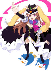 Rule 34 | 10s, 1girl, animal hat, bare shoulders, bird, black gloves, black thighhighs, boots, brown hair, cape, elbow gloves, gloves, hat, high heels, highleg, long hair, long skirt, mawaru penguindrum, open mouth, outstretched arm, penguin, penguin 1-gou, penguin 3-gou, princess of the crystal, purple eyes, shoes, simple background, skirt, solo, stepped on, takakura himari, takigawa yuu, thigh boots, thighhighs