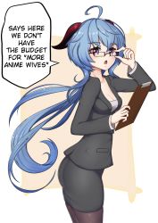 Rule 34 | 1girl, absurdly long hair, absurdres, adjusting eyewear, ahoge, alternate costume, ass, bespectacled, black pantyhose, black skirt, black suit, blue hair, board, breasts, chestnut mouth, cleavage, collarbone, commentary, contemporary, english commentary, english text, formal, from side, ganyu (genshin impact), genshin impact, glasses, hair between eyes, highres, holding, horns, leaning forward, long hair, long sleeves, looking at viewer, looking to the side, office lady, pantyhose, pencil skirt, puroppa, purple eyes, sidelocks, simple background, skirt, solo, suit, very long hair