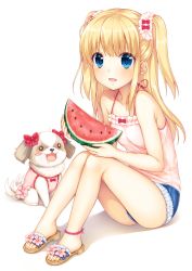 Rule 34 | 1girl, akashi (akashimichi), blonde hair, blue eyes, blush stickers, bow, camisole, cutoffs, denim, denim shorts, dog, drooling, feet, food, fruit, full body, legs, long hair, open mouth, original, pink shirt, ribbon, sandals, scrunchie, shirt, short shorts, shorts, simple background, sitting, smile, tail, tail wagging, toes, twintails, two side up, watermelon, white background