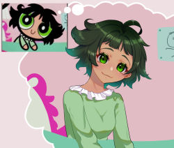 Rule 34 | 1girl, black hair, blunt bangs, breasts, buttercup (ppg), buttercup redraw challenge (meme), green eyes, green pajamas, hiiro88291210, looking at viewer, meme, messy hair, pajamas, powerpuff girls, reference inset, screenshot inset, shadow, short hair, small breasts, smile, solo, upper body