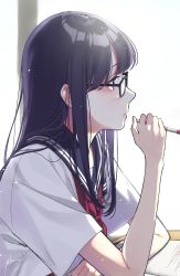Rule 34 | 1girl, aiko (aiko 54), backlighting, blouse, classroom, day, desk, eyelashes, glasses, highres, indoors, long hair, looking outside, mechanical pencil, neckerchief, original, pencil, profile, purple hair, red neckerchief, school, school desk, school uniform, serafuku, shirt, sitting, solo, white shirt