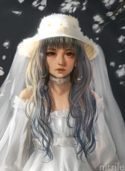 Rule 34 | 1girl, ambiguous gender, artist name, bare shoulders, choker, cowboy shot, daisy (flower), dress, earrings, female focus, flower, grey hair, hat, jewelry, lips, lolita fashion, long hair, looking at viewer, nitrile, original, plant, simple background, solo, white dress