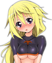 Rule 34 | 10s, 1girl, :o, blonde hair, blush, bodysuit, breasts, breasts squeezed together, charlotte dunois, crop top, crossdressing, embarrassed, hair between eyes, head tilt, highres, infinite stratos, jewelry, large breasts, long hair, low ponytail, naz (garyuuya), necklace, nose blush, open mouth, outline, pendant, pilot suit, ponytail, purple eyes, simple background, skin tight, solo, spandex, turtleneck, underboob, upper body, very long hair, white background