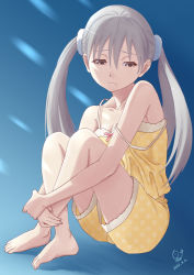 Rule 34 | 1girl, bakemonogatari, bare shoulders, barefoot, blue background, camisole, closed mouth, collarbone, commentary, crossed ankles, dated, female focus, frown, full body, hair between eyes, hugging own legs, huumoon, long hair, looking away, looking down, monogatari (series), oikura sodachi, pajamas, polka dot, raised eyebrows, sad, scrunchie, shorts, signature, silver hair, sitting, solo, spaghetti strap, strap slip, twintails, white scrunchie, yellow camisole, yellow pajamas, yellow shorts
