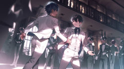 Rule 34 | 6+boys, animal ears, black bow, black bowtie, black hair, black jacket, black pants, black shirt, bow, bowtie, commentary, commentary request, dancing, dutch angle, english commentary, fake animal ears, fake tail, formal, highres, holding hands, indoors, ishida (segu ishida), jacket, long sleeves, looking at another, male focus, mask, mixed-language commentary, multiple boys, necktie, original, pants, parted lips, pink eyes, rabbit ears, rabbit mask, rabbit tail, shirt, short hair, smile, suit, suit jacket, tail, tuxedo, vest, waistcoat, white jacket, white necktie, white pants, white shirt, white vest