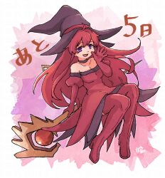 Rule 34 | 1girl, black choker, boots, choker, cierra (riviera), countdown, dress, elbow gloves, gem, gloves, hashino ami, hat, holding, holding staff, long hair, mage staff, open mouth, purple eyes, red dress, red footwear, red gemstone, red hair, riviera, smile, solo, staff, thigh boots, witch, witch hat, wooden staff