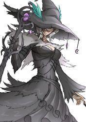 1girl black_dress black_hat breasts cleavage commentary dress english_commentary ferdnayart final_fantasy final_fantasy_xiv hat hat_feather highres holding holding_staff large_breasts open_mouth simple_background smile solo staff white_background white_hair witch_hat y&#039;shtola_rhul