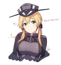 Rule 34 | 1girl, ?, anchor hair ornament, azumi akitake, blonde hair, breasts, cross, german text, green eyes, hair ornament, hat, highres, iron cross, kantai collection, large breasts, looking at viewer, military, military hat, military uniform, peaked cap, prinz eugen (kancolle), simple background, solo, translated, twintails, uniform, upper body, white background