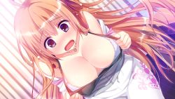 Rule 34 | 1girl, ahoge, bare shoulders, bent over, blonde hair, blue eyes, blush, breasts, cleavage, clothes pull, downblouse, dutch angle, covered erect nipples, female focus, game cg, highres, jewelry, kino (kino konomi), large breasts, long hair, necklace, open mouth, shinonome setsuna, shirogane x spirits, shirt pull, solo, strap slip, tears