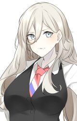 Rule 34 | 1girl, alternate costume, black vest, blonde hair, grey eyes, hair between eyes, highres, kantai collection, long hair, looking at viewer, mole, mole under eye, mole under mouth, necktie, richelieu (kancolle), shirt, simple background, solo, upper body, vest, white background, white shirt, z (knkr1025)