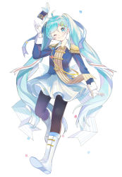 Rule 34 | 1girl, ;), absurdres, arm at side, band uniform, beamed eighth notes, black pantyhose, blue eyes, blue hair, blue hat, blue ribbon, boots, breasts, clenched teeth, collar, collared shirt, commentary, confetti, dot nose, eighth note, epaulettes, eyelashes, feathers, full body, gloves, hair ornament, hairclip, hand up, happy, hat, hat feather, hatsune miku, head tilt, heihei, highres, long hair, long sleeves, looking at viewer, musical note, one eye closed, pantyhose, quarter note, red ribbon, ribbon, shaded face, shirt, sidelocks, simple background, skirt, small breasts, smile, solo, standing, standing on one leg, teeth, twintails, uniform, very long hair, vocaloid, white background, white collar, white footwear, white gloves, white ribbon, white skirt, x hair ornament, yuki miku, yuki miku (2020)
