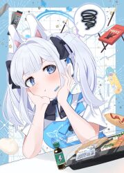 Rule 34 | 1girl, angel&#039;s 24 uniform (blue archive), animal ears, apron, blue apron, blue archive, blue eyes, blue halo, blush, closed mouth, collared shirt, earpiece, fake animal ears, food, grey hair, halo, highres, long hair, looking at viewer, miyako (blue archive), official alternate costume, pocky, polo shirt, pout, rabbit ears, shirt, short sleeves, solo, tsushima shigure, white shirt