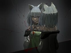 Rule 34 | 1girl, animal ear fluff, animal ear piercing, animal ears, arknights, bare shoulders, blood, blood on mirror, broken mirror, cat ears, cat girl, chinese commentary, closed mouth, coat, commentary request, dark, different reflection, dress, eyes visible through hair, green dress, green eyes, grey hair, hair between eyes, hair over eyes, highres, ji qiqiqi (xinjinjumin3866947), kal&#039;tsit (arknights), long sleeves, looking at mirror, looking at self, material growth, medium hair, mirror, off shoulder, open clothes, open coat, oripathy lesion (arknights), paranoid, reflection, serious, solo, standing, stethoscope, upper body, white coat