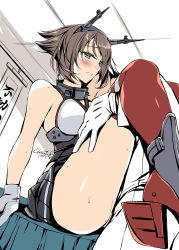 Rule 34 | 1boy, 1girl, admiral (kancolle), bad id, bad nicoseiga id, bare shoulders, blush, breasts, brown hair, closed mouth, clothed sex, commentary request, gloves, green eyes, greyscale, hair between eyes, hairband, headgear, hetero, highres, implied sex, kantai collection, kobayashi chisato, large breasts, military, military uniform, miniskirt, monochrome, mutsu (kancolle), naval uniform, radio antenna, red legwear, sex, short hair, skirt, sweat, uniform, white gloves