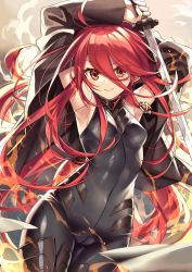 Rule 34 | 1girl, ahoge, alastor (shakugan no shana), alternate costume, armpits, arms up, bodysuit, breasts, coat, commentary request, covered navel, eyes visible through hair, fire, hair between eyes, highres, holding, holding sword, holding weapon, jewelry, katana, ks (xephyrks), long hair, looking at viewer, necklace, orange eyes, red hair, shakugan no shana, shana, skin tight, sleeveless, sleeveless bodysuit, small breasts, smile, solo, sword, tsurime, v-shaped eyebrows, very long hair, weapon