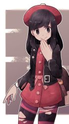 Rule 34 | 1girl, backpack, bag, black eyes, black hair, black jacket, closed mouth, commentary, commission, copyright request, covering own mouth, cowboy shot, dress, english commentary, hand over own mouth, hand up, hat, highres, jacket, lamb-oic029, long hair, long sleeves, looking at viewer, open clothes, open jacket, pantyhose, pink sash, red dress, red hat, sanpaku, sash, smile, solo, standing, torn clothes, torn pantyhose