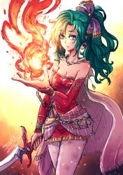 Rule 34 | 1girl, bare shoulders, bow, breasts, cape, cleavage, commentary, detached sleeves, dress, earrings, final fantasy, final fantasy vi, fire, green hair, hair ribbon, jewelry, long hair, magic, pantyhose, ponytail, ribbon, solo, sword, tina branford, weapon
