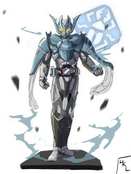 Rule 34 | 1boy, armor, blue cape, cape, clenched hands, concept art, demons driver, driver (kamen rider), electricity, hakael1998, highres, kamen rider, kamen rider over demons, kamen rider revice, legs together, looking at viewer, male focus, rider belt, side cape, signature, stag beetle, stamp mark, tokusatsu, wind, yellow eyes