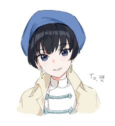 Rule 34 | 1girl, black hair, blue eyes, coat, earrings, hat, head tilt, highres, jewelry, looking at viewer, lumeru 33, open clothes, open coat, original, shirt, simple background, smile, solo, upper body, white background, white shirt, yellow coat