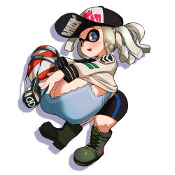 Rule 34 | 1girl, :d, absurdres, baseball cap, bike shorts, black shorts, blue eyes, blush, boots, bra, breasts, breasts on lap, cleavage, clothes lift, cross-laced footwear, female focus, gigantic breasts, green footwear, hat, highres, holding, holding weapon, inkling (language), inkling player character, long sleeves, looking at viewer, naze, nintendo, open mouth, oppai loli, shadow, shirt lift, shorts, simple background, smile, solo, splatoon (series), squeezer (splatoon), teeth, tentacle hair, twintails, underwear, upper teeth only, weapon, white background