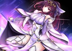 Rule 34 | 1girl, bare shoulders, boots, breasts, cleavage, dress, fate/grand order, fate (series), fur trim, hair between eyes, high ponytail, jewelry, lace trim, large breasts, long hair, looking at viewer, night, night sky, pink dress, purple hair, red eyes, rei kun, scathach (fate), scathach skadi (fate), scathach skadi (third ascension) (fate), sky, smile, solo, star (sky), starry sky, thigh boots, thighhighs, tiara, wand