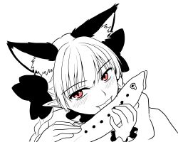 Rule 34 | 1girl, animal ears, bad id, bad pixiv id, blush, bow, braid, cat ears, collar, fish, frilled collar, frilled shirt collar, frilled sleeves, frills, isaki (gomi), kaenbyou rin, licking, long hair, monochrome, pointy ears, red eyes, saliva, sexually suggestive, spot color, touhou, twin braids