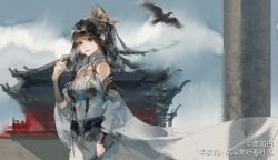 Rule 34 | 1girl, bird, blue sky, brown hair, building, closed mouth, cloud, detached sleeves, dress, flying, from side, hair ornament, holding, holding sword, holding weapon, long hair, outdoors, ponytail, shanguang wan&#039;er (wangzhe rongyao), sketch, sky, solo, sword, upper body, wangzhe rongyao, weapon, white dress, yanzhi bai