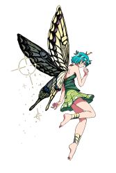 Rule 34 | 1girl, antennae, aqua hair, barefoot, butterfly wings, dress, eternity larva, fairy, full body, green dress, insect wings, leaf, leaf on head, profile, shishi osamu, short hair, simple background, solo, touhou, white background, wings
