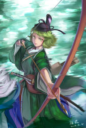 Rule 34 | 1girl, arrow (projectile), bow (weapon), drawing bow, gloves, green eyes, green hair, hat, highres, holding bow (weapon), horse, horseback riding, japanese clothes, katana, lleu, long sleeves, looking at viewer, matching hair/eyes, mounted archery, partially fingerless gloves, partly fingerless gloves, riding, short hair, single glove, soga no tojiko, solo, sword, tate eboshi, touhou, weapon, wide sleeves, yugake