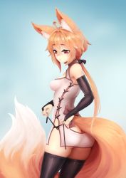 Rule 34 | 1girl, ahoge, animal ear fluff, animal ears, ass, barbariank, bare shoulders, black gloves, black ribbon, black thighhighs, blue background, blush, borrowed character, breasts, bridal gauntlets, butt crack, clothing cutout, commentary, cowboy shot, dress, elbow gloves, english commentary, fox ears, fox girl, fox tail, gloves, gradient background, hair between eyes, hair ribbon, highres, large tail, long hair, low ponytail, medium breasts, nose blush, orange hair, original, red eyes, ribbon, short dress, side slit, simple background, solo, suzu (sub-res), tail, tail through clothes, thighhighs, untying
