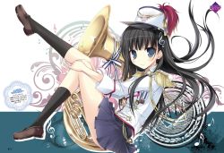 Rule 34 | 1girl, band uniform, beamed quavers, black hair, black socks, blue eyes, buttons, double-breasted, epaulettes, flat sign, hair ornament, hat, highres, instrument, instrument request, karory, kneehighs, leg up, loafers, long hair, medal, musical note, quaver, shako cap, sharp sign, shoes, skirt, socks, solo, treble clef