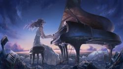 Rule 34 | 1girl, bare arms, bare shoulders, black hair, closed eyes, cloud, dress, evening gown, floating hair, formal, from below, from side, grand piano, horizon, instrument, long hair, m.b, music, piano, piano bench, playing instrument, playing piano, ruins, sandals, sitting, sky, sleeveless, sleeveless dress, solo, sunset, uz (vocaloid), vocaloid, white dress
