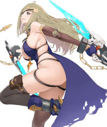 Rule 34 | black thighhighs, blonde hair, breasts, brown thighhighs, character request, conto, eyepatch, large breasts, long hair, looking at viewer, looking back, phantasy star, phantasy star online 2, phantasy star online 2 new genesis, pouch, sideboob, simple background, skindentation, smile, thigh pouch, thigh strap, thighhighs, torn clothes, white background
