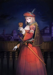 Rule 34 | 1girl, balcony, belt, beret, blonde hair, blunt bangs, capelet, cityscape, cup, dress, embroidery, gloves, hat, hat feather, highres, holding, holding cup, juliet sleeves, long sleeves, looking at viewer, neck ruff, night, night sky, original, outdoors, panda8581, puffy sleeves, red dress, red hat, scabbard, sheath, sheathed, sky, solo, standing, star (sky), sword, weapon, white gloves, wide sleeves