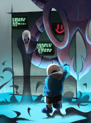 Rule 34 | 2boys, =), arm up, artist name, bano akira, blue footwear, crack, ghost, glowing, hand in pocket, hollow eyes, hood, hoodie, looking at another, looking down, multiple boys, one eye closed, open mouth, sans (undertale), screen, shoes, shorts, signature, skeleton, smile, sneakers, standing, transparent, undertale, w.d. gaster