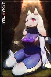 Rule 34 | 1girl, 3doss, absurdres, animal ears, barefoot, breasts, colored skin, fang, flower, furry, furry female, goat ears, highres, horns, large breasts, no bra, open mouth, red eyes, sheep, sideways mouth, sitting, snout, solo, tabard, tail, toriel, undertale, white skin, yokozuwari