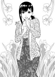 1girl absurdres chainsaw_man floral_print flower greyscale hair_ornament hairclip higashiyama_kobeni highres indonesian_clothes kebaya kei_dragonsheaven looking_at_viewer monochrome short_hair short_ponytail single_sidelock solo sweat