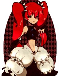 Rule 34 | 1girl, black bridal gauntlets, black shirt, black skirt, border, bouquet garni, bridal gauntlets, croket!, crop top, flat chest, frilled skirt, frills, glint, kotorai, long hair, looking at viewer, midriff, navel, red eyes, red hair, round border, shirt, skirt, solo, string, twintails, very long hair, white border, white skirt