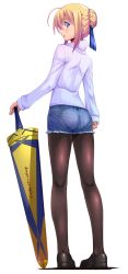 Rule 34 | 1girl, ahoge, alternate costume, artoria pendragon (fate), ass, avalon (fate/stay night), blonde hair, blue eyes, denim, denim shorts, excalibur (fate/stay night), fate/stay night, fate (series), from behind, highres, pantyhose under shorts, looking at viewer, looking back, md5 mismatch, pantyhose, pantyhose under shorts, pantylines, ribbed sweater, saber (fate), short shorts, shorts, solo, sweater, sword, taru neko, weapon