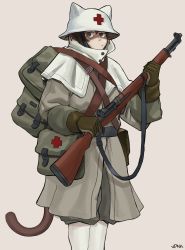 Rule 34 | 19vodnik, 1girl, absurdres, animal ears, backpack, bag, cat ears, cat girl, cat tail, coat, cross, first aid kit, gloves, gun, helmet, highres, holding, holding weapon, m1 garand, medic, original, pouch, red cross, rifle, solo, tail, trigger discipline, weapon